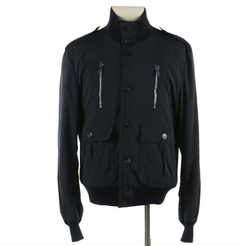 Men's Gucci Navy Blue Polyester and Ribbed Knit Button-Front Jacket